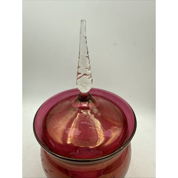 Floral Etched Cranberry Glass Lidded Candy Pedestal Made In Italy Vintage 9 In - Picture 5 of 12